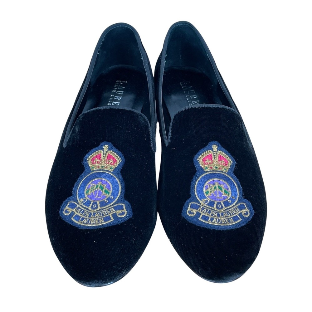 Lauren Ralph Lauren Black Velvet Crest Smoking Shoes Loafers Women 8 Old Money - Picture 2 of 9